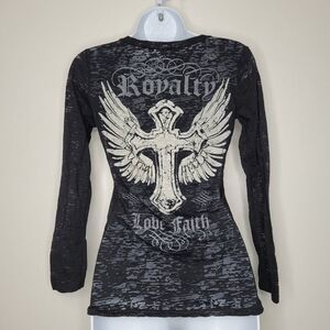 Y2k Cotty On black semi sheer burn out cyber grunge goth wings cross shirt med
